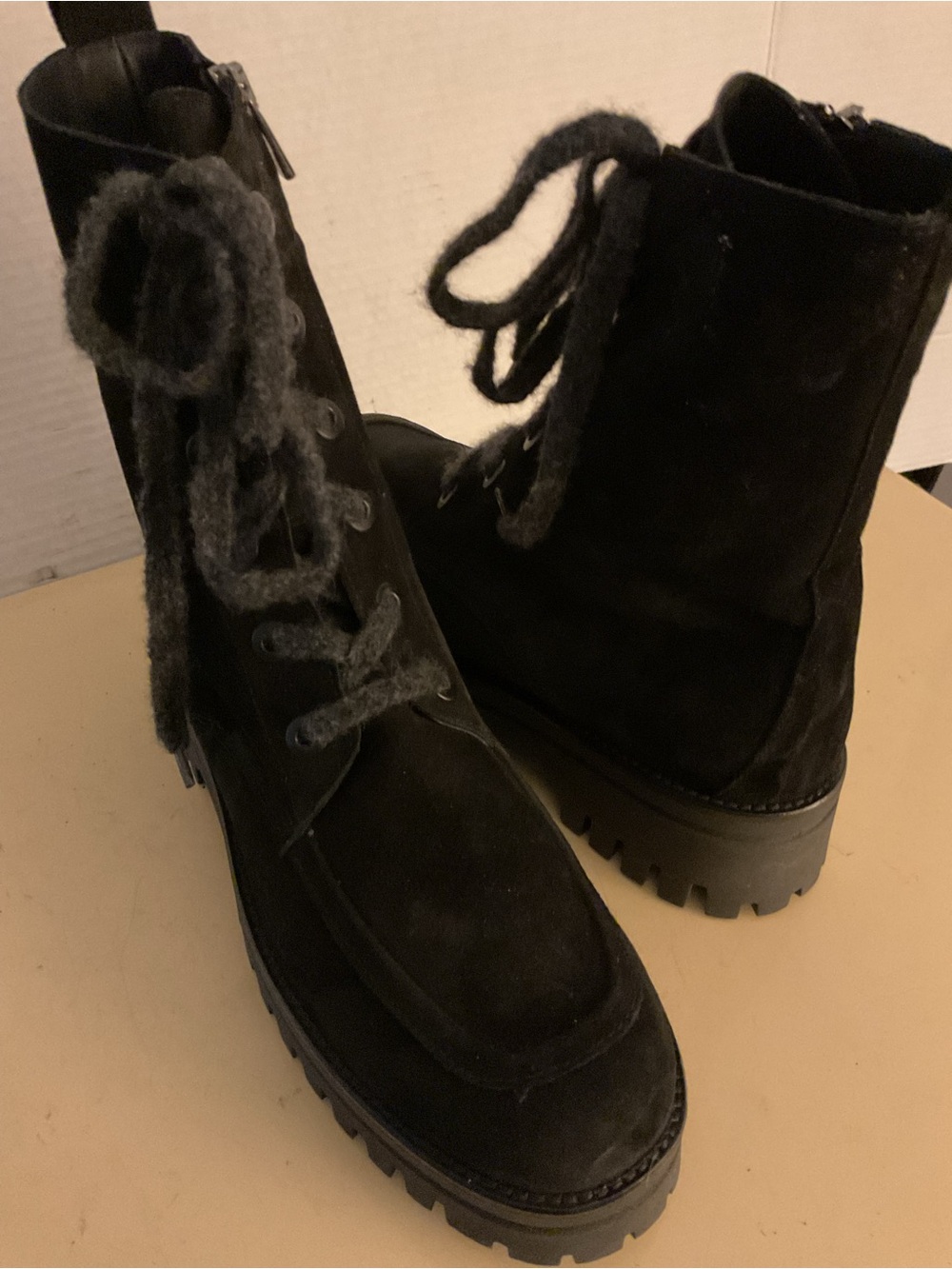 275 Central women black suede leather combat heel boots US 9
